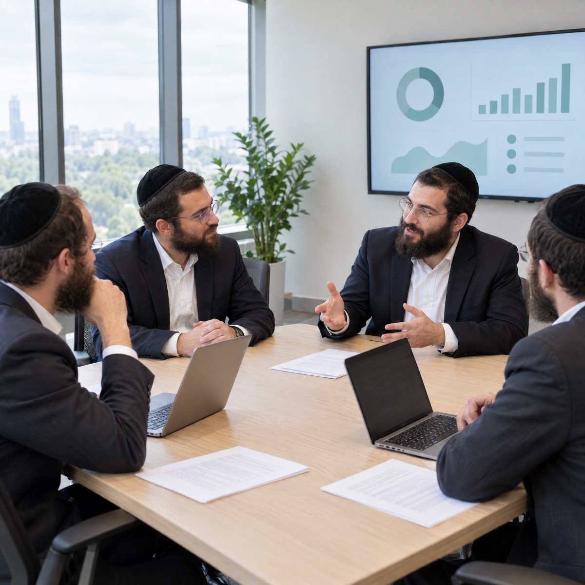 Frum Orthodox Jewish marketing team meeting in a modern office