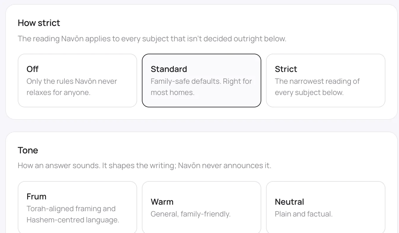 Navōn's filter settings: how strict it is, and the tone it answers in