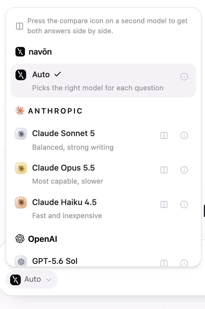 Navōn's model picker: Auto, or Claude, GPT and Gemini by name